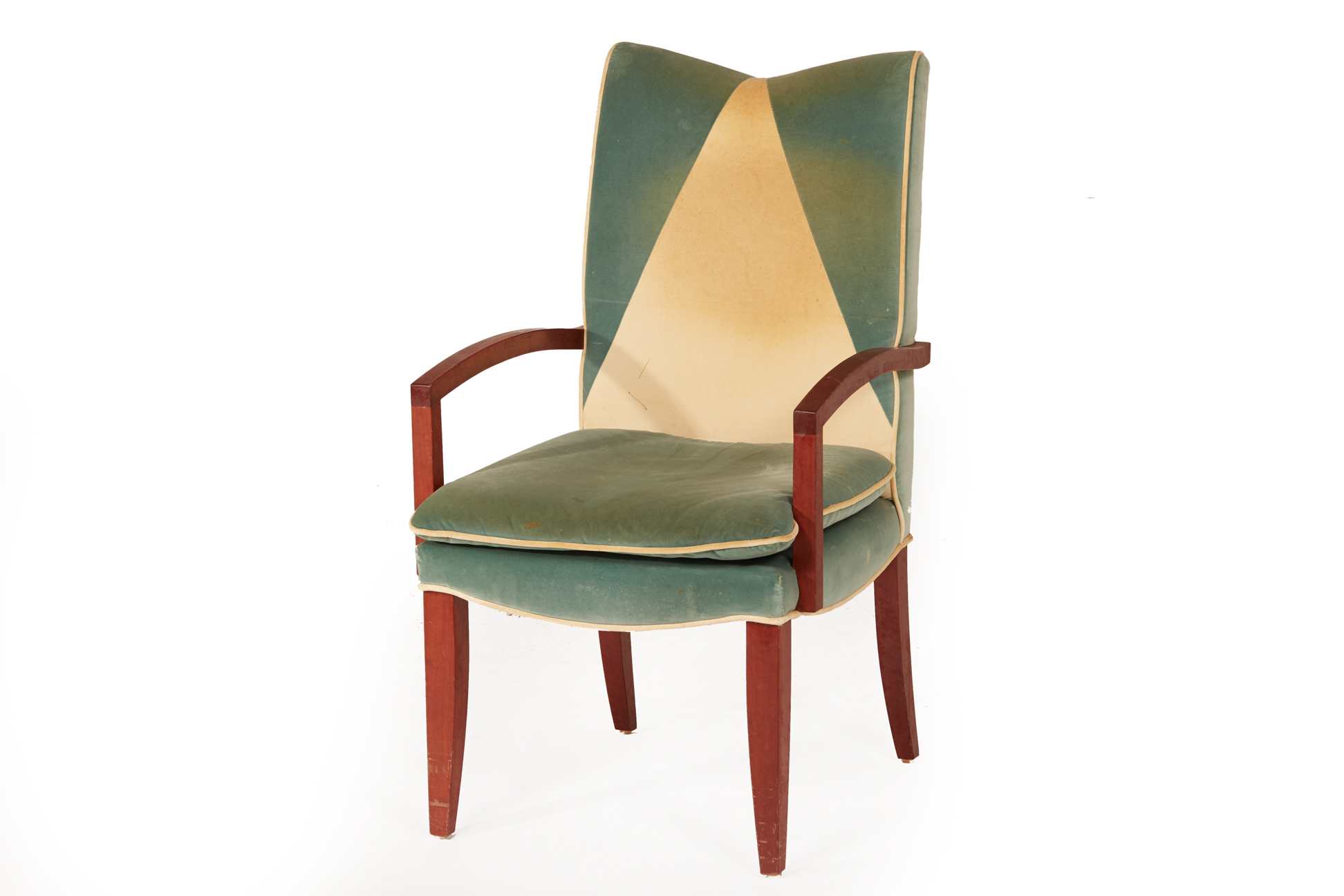 AN ART DECO STYLE UPHOLSTERED OPEN ARMCHAIR