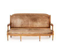 AN ANTIQUE FRENCH CARVED GILTWOOD UPHOLSTERED SETTEE
