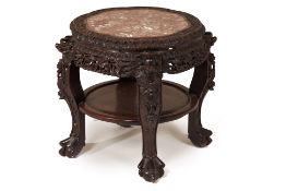 A LARGE CHINESE MARBLE INSET CARVED HARDWOOD STAND