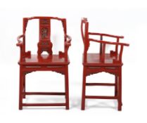 A PAIR OF CHINESE RED LACQUERED CHAIRS