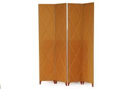 A LARGE STUDDED FABRIC FOUR FOLD SCREEN