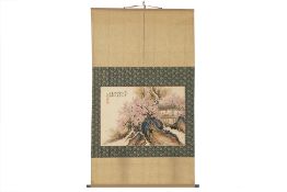 A CHINESE HANGING SCROLL OF FIGURES AND CHERRY BLOSSOM