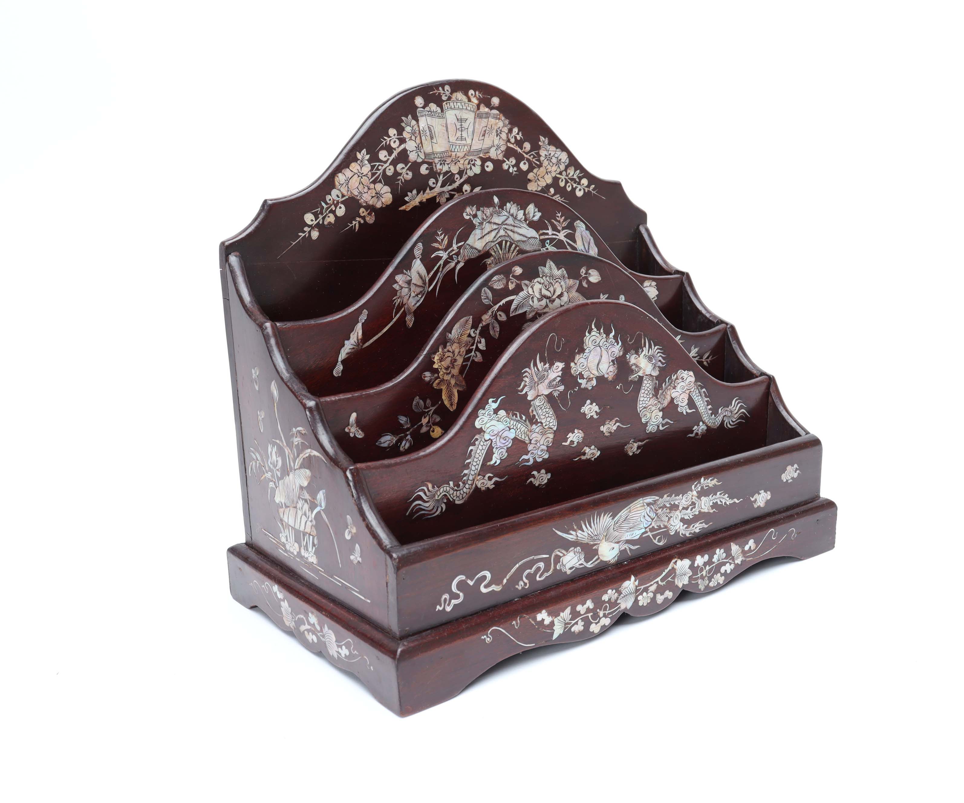 A CHINESE MOTHER OF PEARL INLAID LETTER RACK