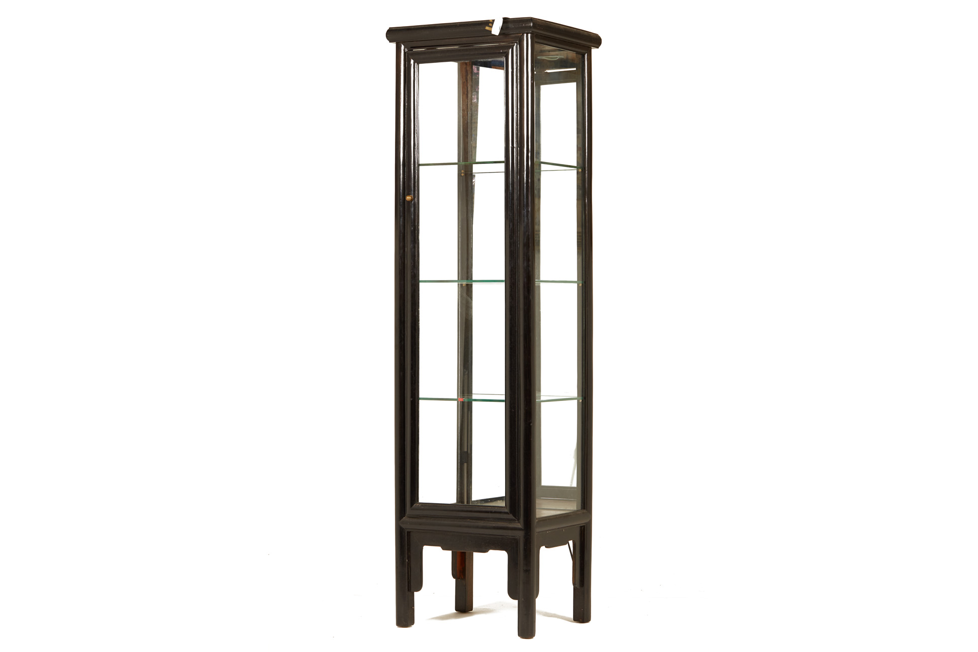 A BLACK LACQUERED GLASS DISPLAY CABINET