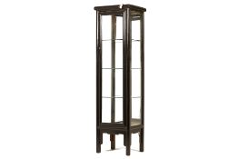 A BLACK LACQUERED GLASS DISPLAY CABINET