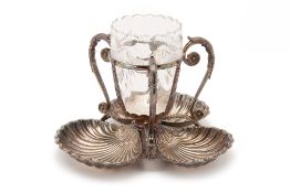 AN ANTIQUE ENGLISH SILVER PLATED AND CUT GLASS CENTREPIECE