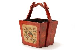 A RED LACQUERED FLORAL BUCKET