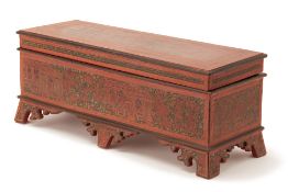 A BURMESE RED LACQUER RECTANGULAR BOX AND COVER