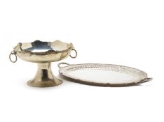 A SILVER PLATED TRAY AND A PEDESTAL BOWL