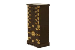 AN ORIENTAL BRASS MOUNTED CHEST OF DRAWERS