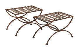 A PAIR OF WROUGHT IRON STOOLS