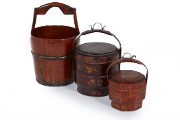 A GROUP OF THREE CHINESE LACQUERED BASKETS AND A BUCKET