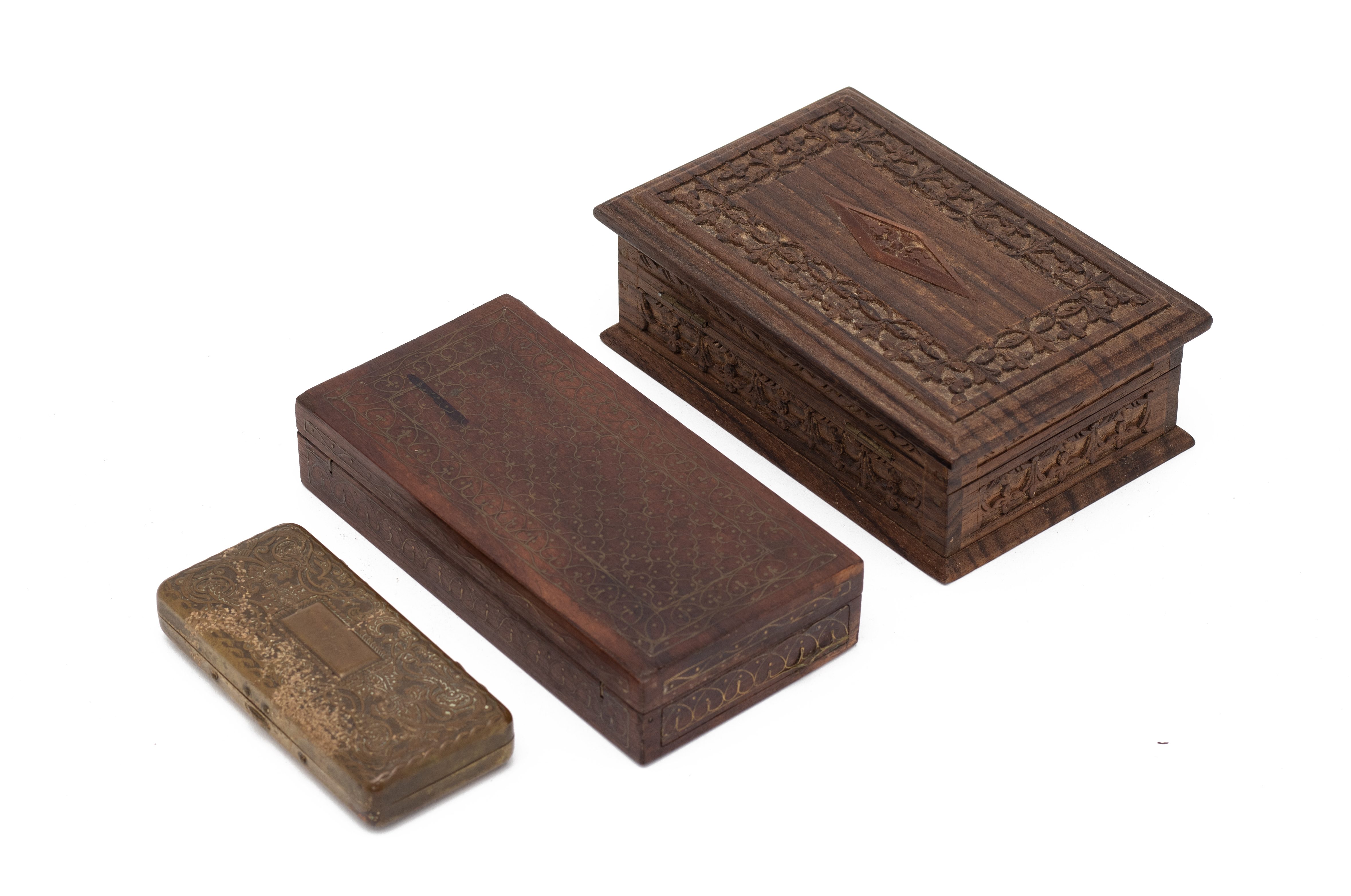 TWO CARVED WOODEN BOXES & A BRASS CIGARETTE CASE