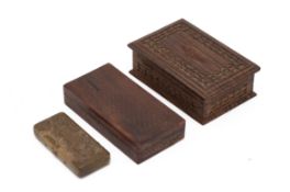TWO CARVED WOODEN BOXES & A BRASS CIGARETTE CASE