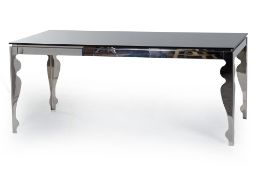 A CONTEMPORARY STEEL AND GLASS DINING TABLE