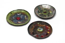 THREE ENAMELLED COPPER DISHES