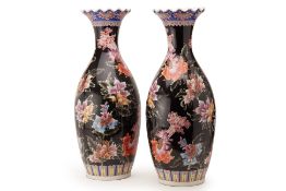 A PAIR OF LARGE ORIENTAL BLACK GROUND PORCELAIN VASES