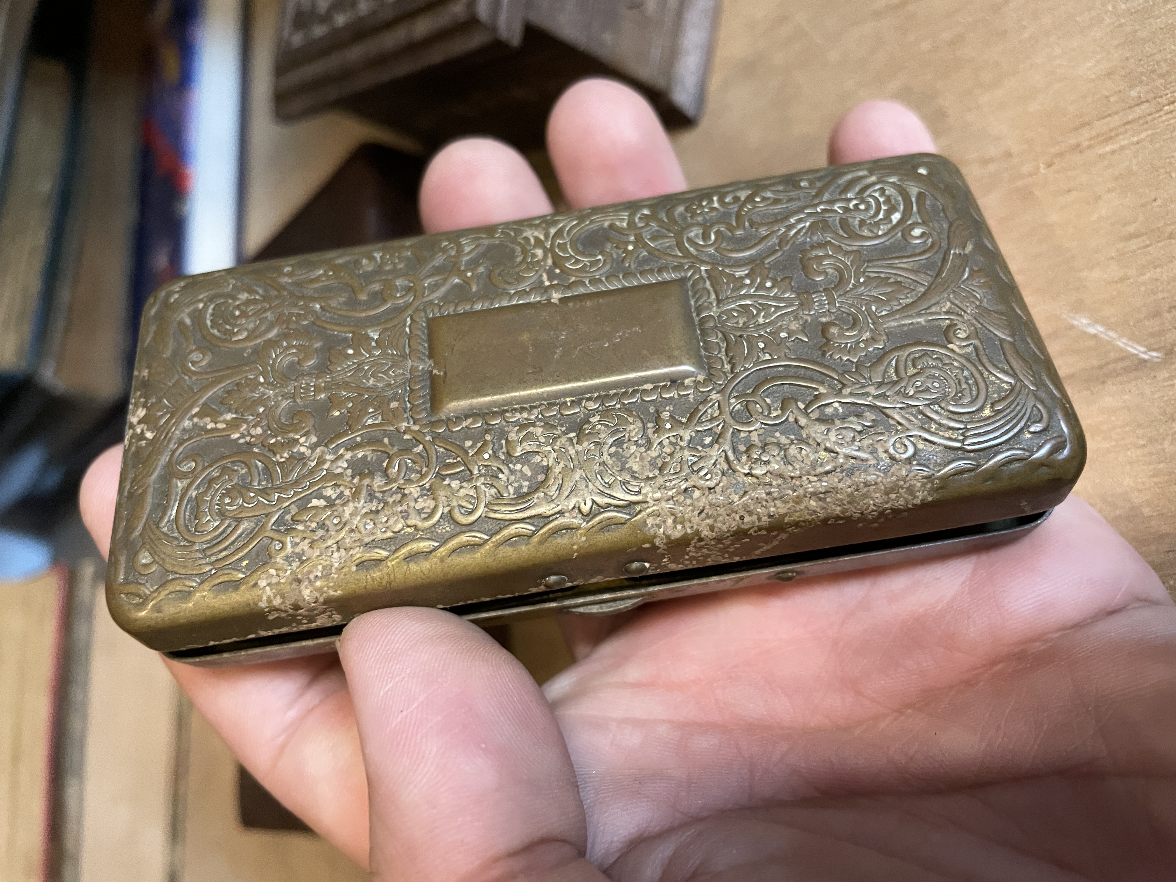 TWO CARVED WOODEN BOXES & A BRASS CIGARETTE CASE - Image 4 of 4