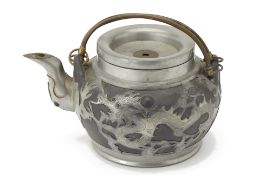 A CHINESE PEWTER MOUNTED POTTERY TEAPOT BY HOR CHUNG