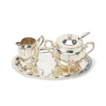 A JAPANESE PLATED CREAM JUG, SUGAR BOWL AND TRAY