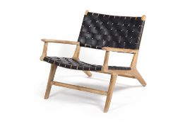 THE GREY HOUSE - A BLACK LEATHER & TEAK LOUNGE CHAIR
