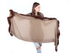 A FUR TRIMMED BROWN CASHMERE SHAWL