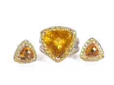 A CITRINE SAPPHIRE & WHITE GOLD RING & EARRING SET