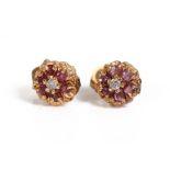 A PAIR OF GOLD, RUBY & DIAMOND EAR STUDS