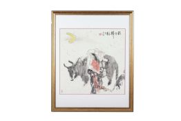 ZHANG DA GUANG - A CHINESE PAINTING OF A WOMAN WITH AN OX