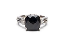 AN 'EFFY' SILVER AND ONYX RING