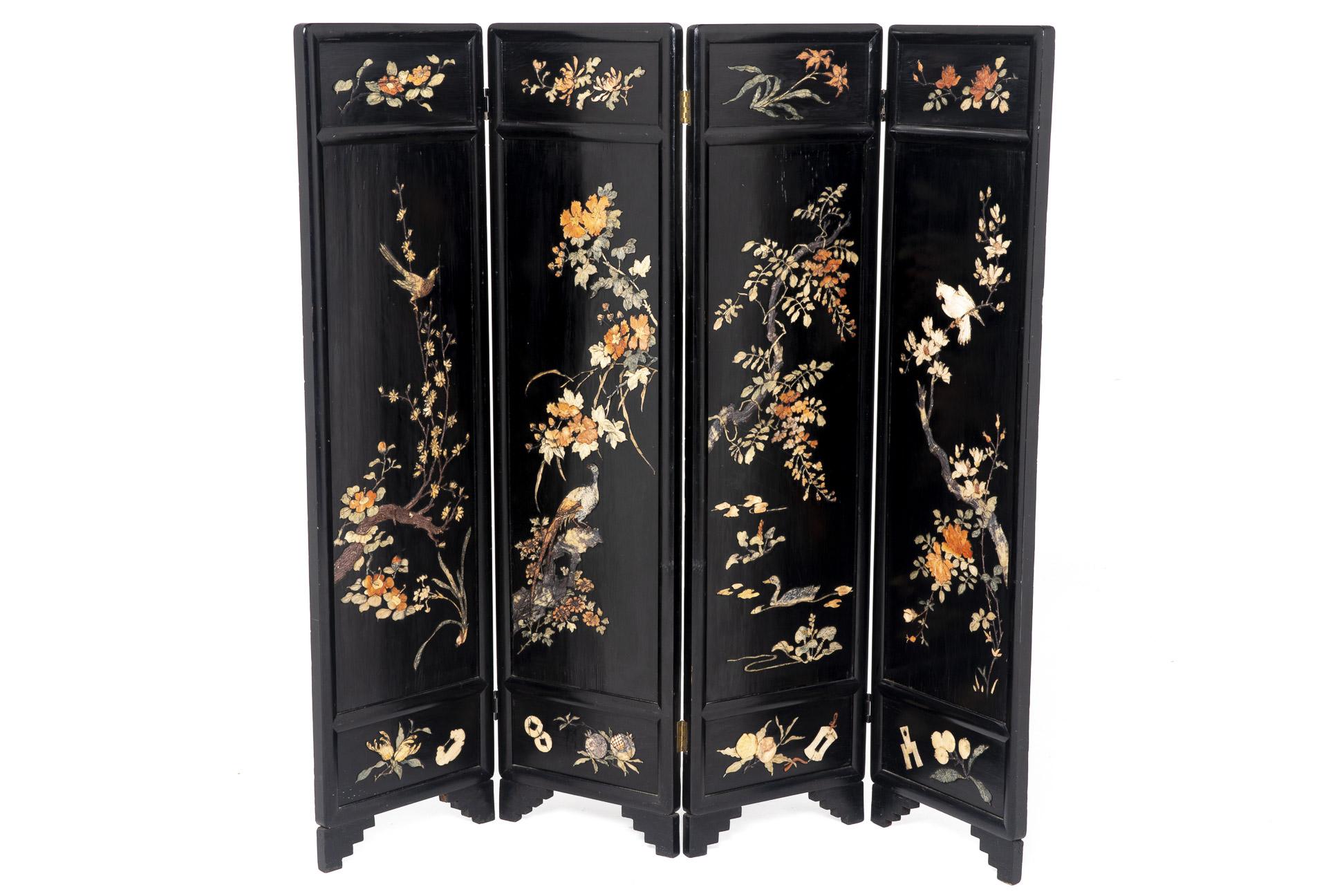 A SMALL CHINESE FOUR FOLD SCREEN