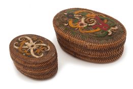 TWO IBAN TRIBE CARVED WOOD AND WOVEN BOXES