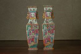 A PAIR OF CANTON FAMILLE ROSE SQUARE SECTION VASES