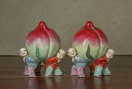 TWO CHINESE PORCELAIN PEACH AND CHILDREN GROUPS