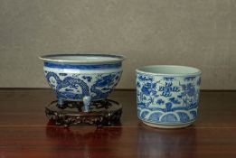 TWO BLUE AND WHITE PORCELAIN CENSERS