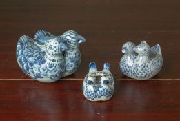 THREE BLUE AND WHITE PORCELAIN DUCK FORM WATER VESSELS