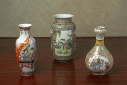 THREE FAMILLE ROSE PORCELAIN VASES