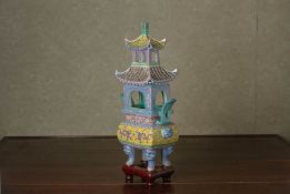 A FAMILLE ROSE PORCELAIN PAGODA FORM CENSER