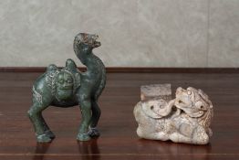 TWO JADE CARVINGS OF A CAMEL AND A MYTHICAL BEAST