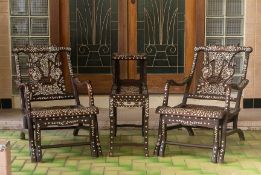 A PAIR OF MOTHER OF PEARL INLAID CHAIRS AND A SIDE TABLE