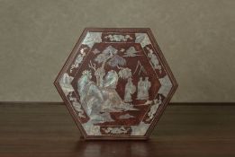 A HEXAGONAL MOTHER OF PEARL INLAID BOX