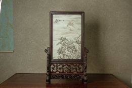 A CHINESE HARDWOOD PORCELAIN TABLE SCREEN