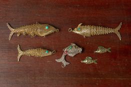 THREE SILVER GILT FILIGREE ARTICULATED FISH