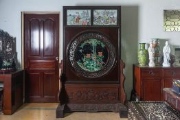 A LARGE HARDWOOD, PORCELAIN AND JADE MOUNTED SCREEN