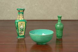 TWO GREEN GLAZED VASES AND A BOWL