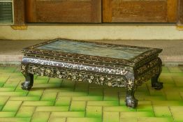 A MARBLE INSET MOTHER OF PEARL INLAID HARDWOOD KANG TABLE