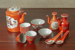 A GROUP OF CORAL GROUND PORCELAIN ITEMS