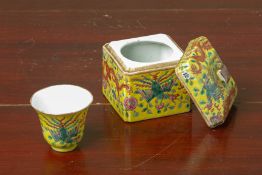 A YELLOW GROUND FAMILLE ROSE TEABOWL AND BOX