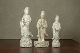 THREE LARGE BLANC DE CHINE FIGURES OF GUANYIN