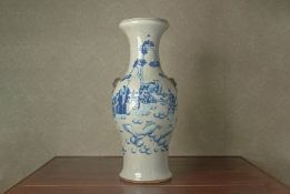 A BLUE AND WHITE CRACKLE GLAZED BALUSTER VASE